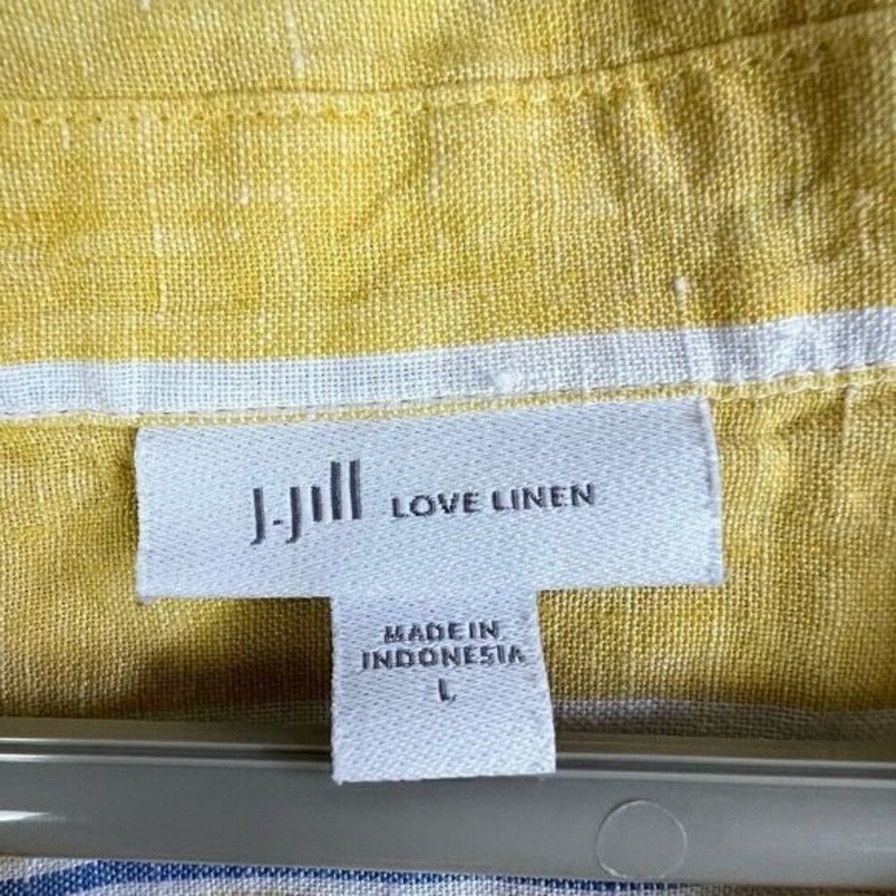 J JILL WOMENS LINEN BLOUSE YELLOW WITH BLUE WHITE STRIPES SIZE L - Picture 4 of 10